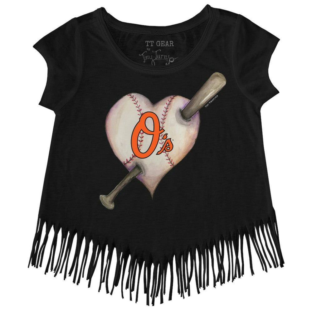 Baltimore Orioles Tiny Turnip Girls Youth Heart Bat Fringe T-Shirt | MLB On Sale