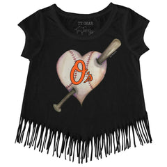 Baltimore Orioles Tiny Turnip Girls Youth Heart Bat Fringe T-Shirt | MLB On Sale