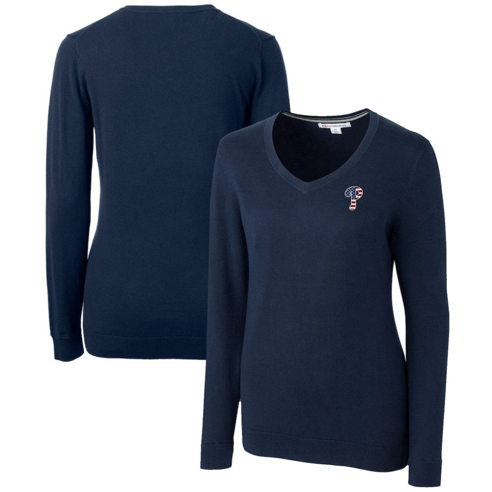 Philadelphia Phillies Cutter & Buck Women's Americana Logo Lakemont Tri-Blend V-Neck Pullover Sweater | MLB New