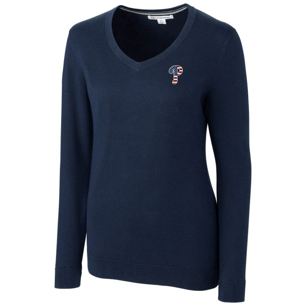 Philadelphia Phillies Cutter & Buck Women's Americana Logo Lakemont Tri-Blend V-Neck Pullover Sweater | MLB New
