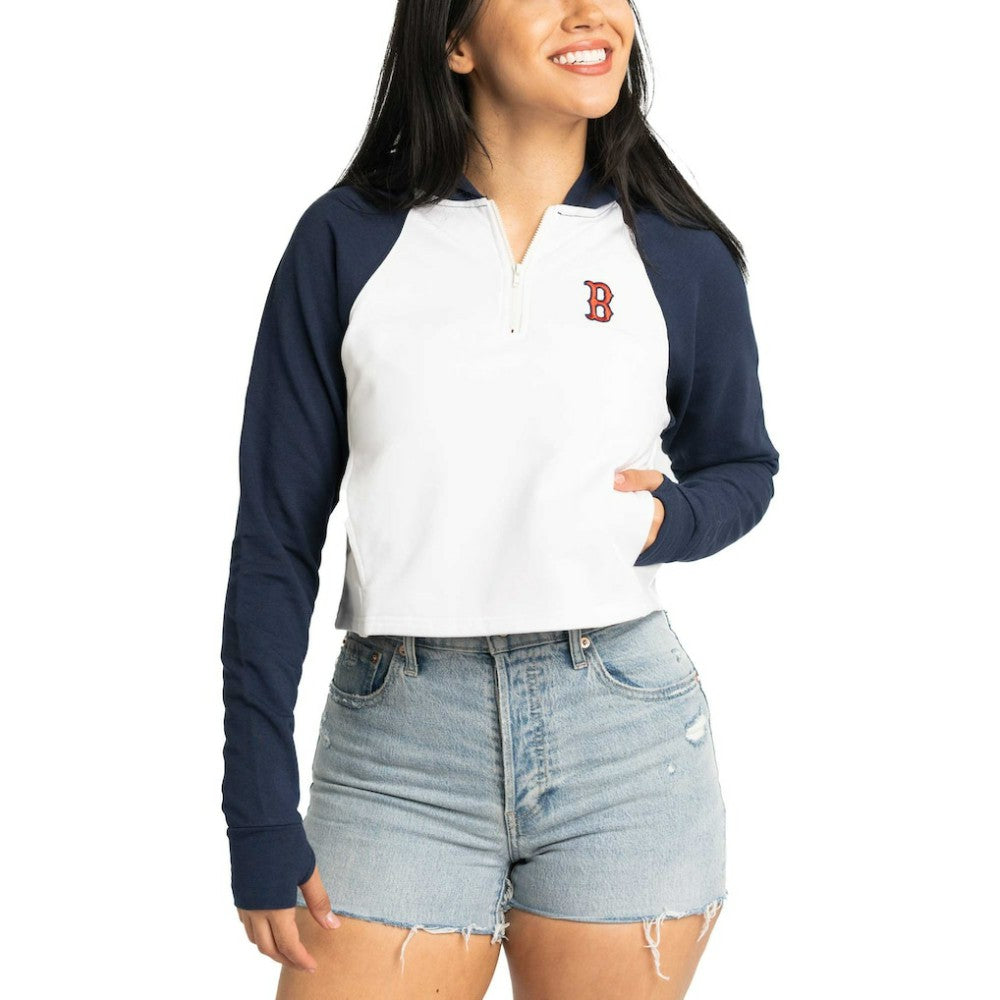 Boston Red Sox Lusso Women's Jane Raglan Quarter-Zip Tri-Blend Cropped Pullover Hoodie | MLB Shop