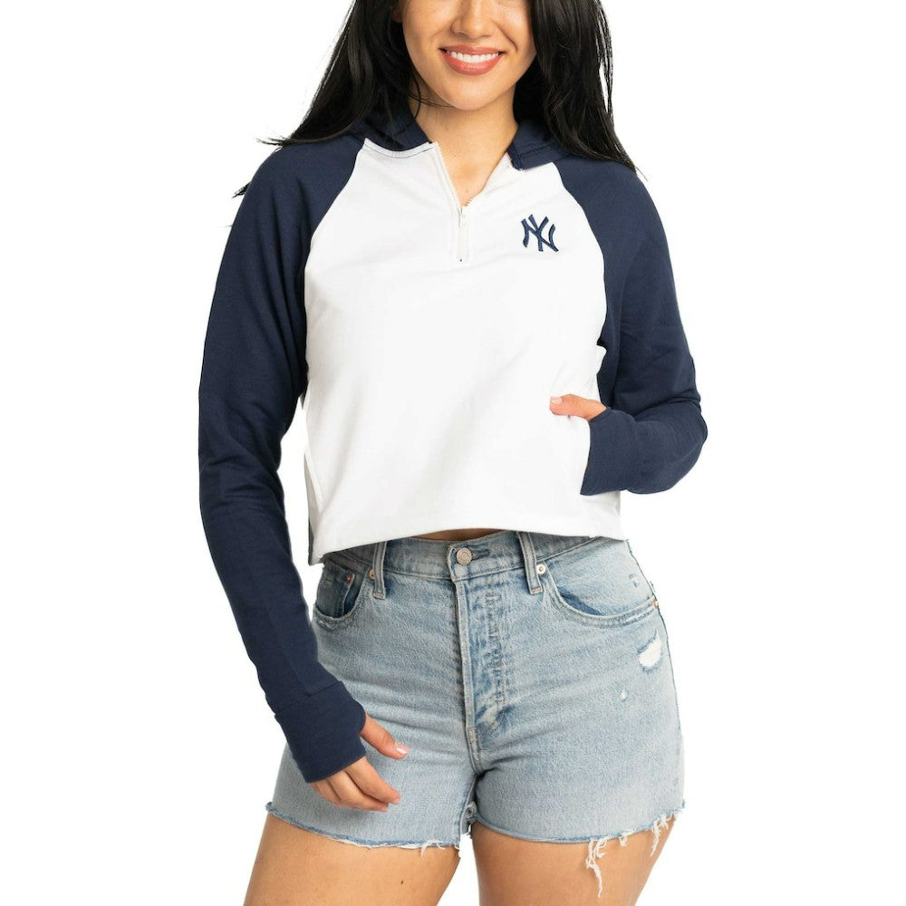 New York Yankees Lusso Women's Jane Raglan Quarter-Zip Tri-Blend Cropped Pullover Hoodie | MLB Outlet