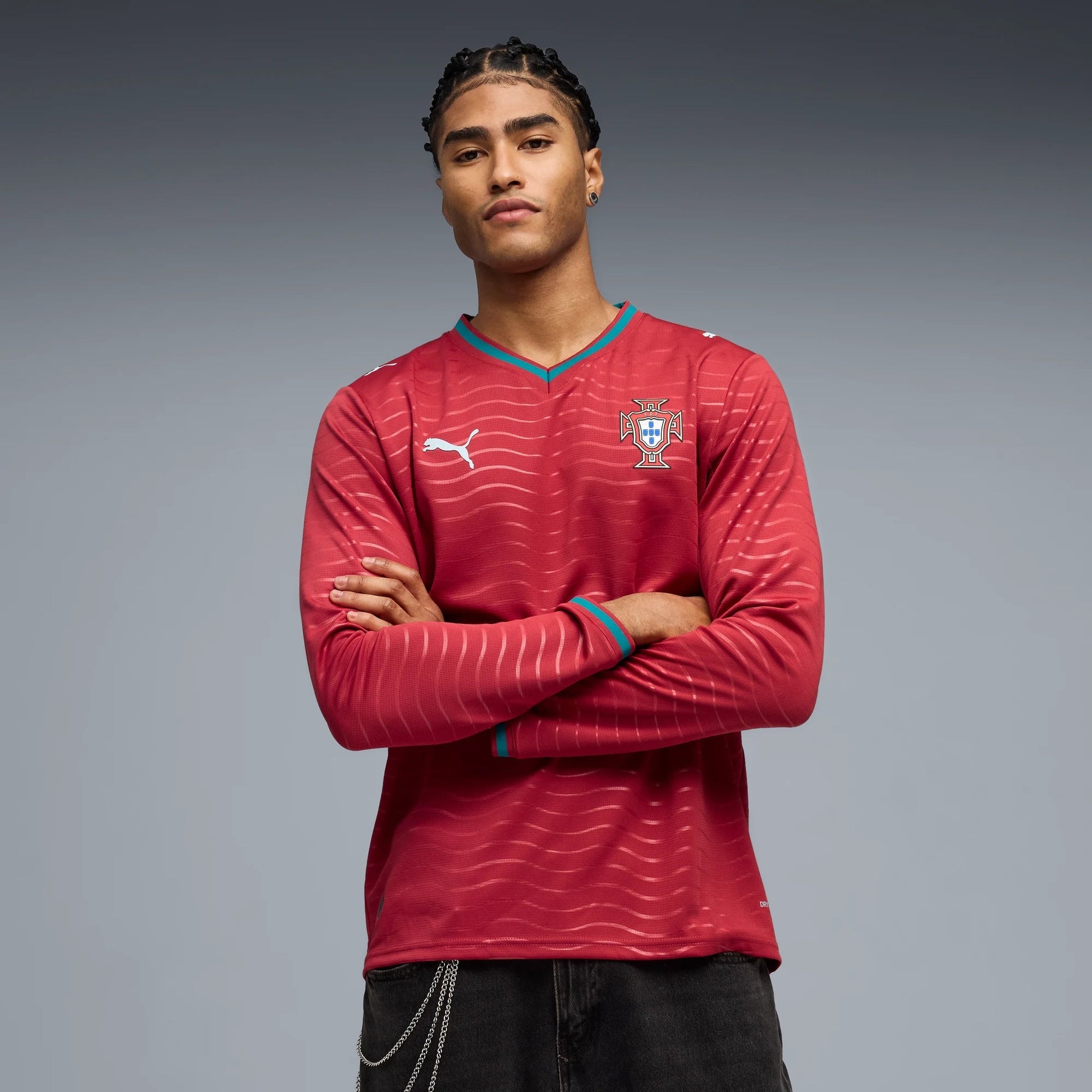 2026 Portugal Men's Stadium Home Long-Sleeve Soccer Jersey Club Red-Green Lagoon - Puma