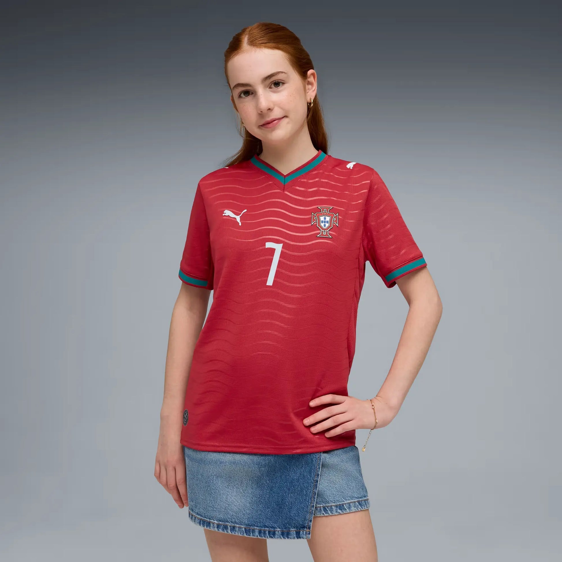 2026 Portugal Youth Stadium Home Ronaldo #7 Soccer Jersey Club Red-Green Lagoon - Puma