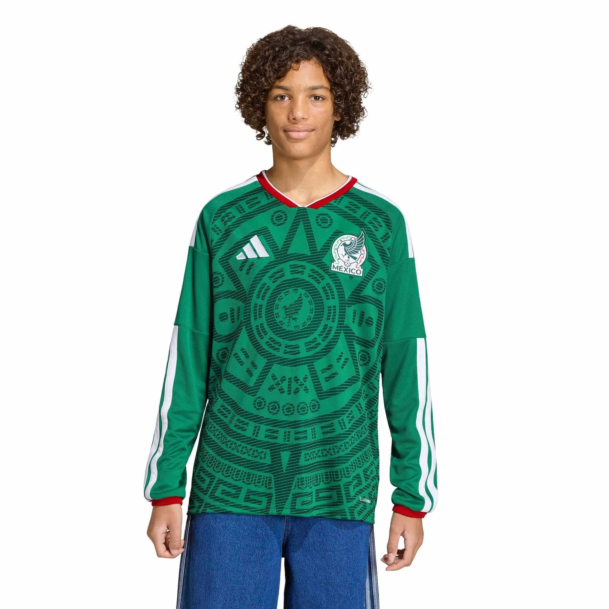 2026 Mexico Youth Stadium Home Long-Sleeve Soccer Jersey Bold Green - Adidas